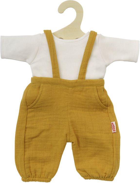 Produktbild: Puppen-Latzhose aus 100 % Bio-Baumwolle, honiggelb, mit wei&szlig;em T-Shirt, 2-teilig