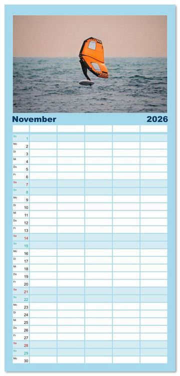 Produktbild: Familienplaner 2026 - Wingfoilen - fliegen &uuml;ber das Wasser mit 5 Spalten (Wandkalender, 21 x 45 cm) CALVENDO