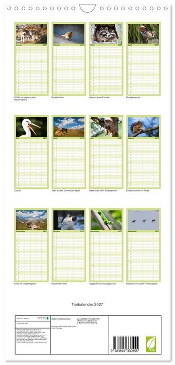 Produktbild: Familienplaner 2027 - Tierkalender 2027 mit 5 Spalten (Wandkalender, 21 x 45 cm) CALVENDO