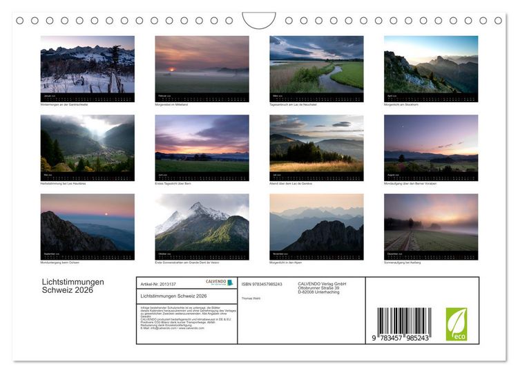 Produktbild: Lichtstimmungen Schweiz 2026 (Wandkalender 2026 DIN A4 quer), CALVENDO Monatskalender
