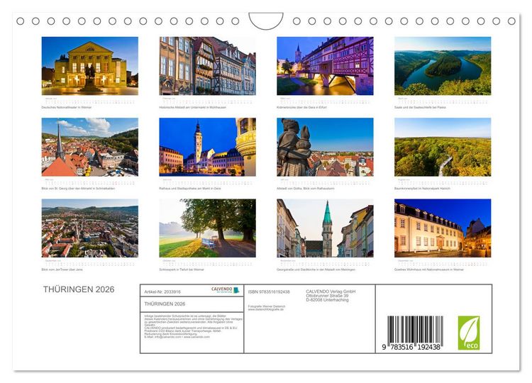 Produktbild: TH&Uuml;RINGEN 2026 (Wandkalender 2026 DIN A4 quer), CALVENDO Monatskalender