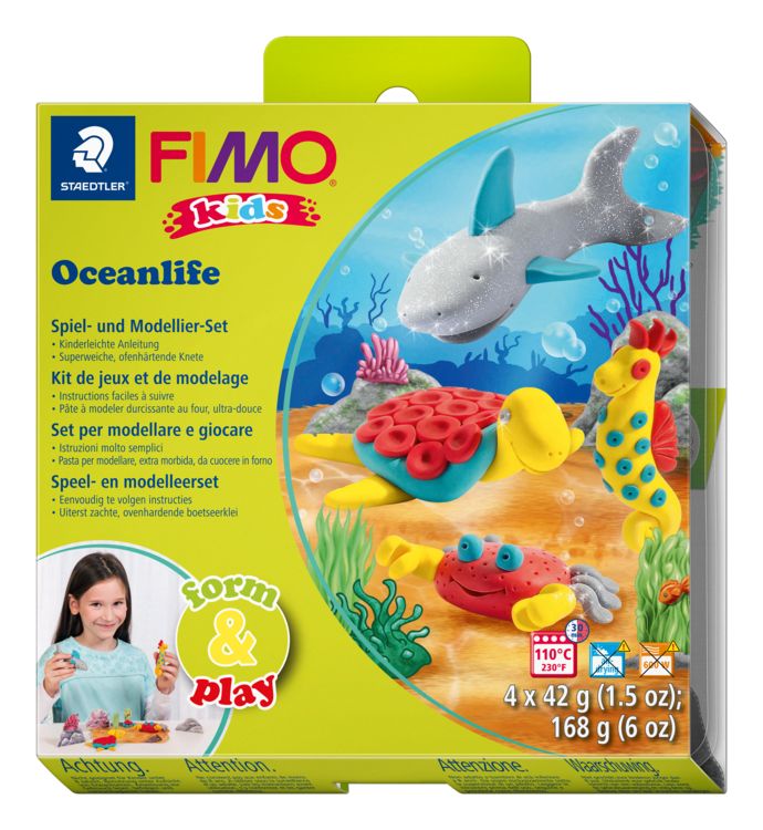 Produktbild: STAEDTLER FIMO kids 8034, ofenh&auml;rtende Modelliermasse, Set Oceanlife mit 4 Bl&ouml;cken 42 g, Modellierstab