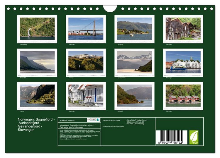Produktbild: Norwegen. Sognefjord - Aurlandsfjord - Geirangerfjord - Stavanger (Wandkalender 2026 DIN A4 quer), CALVENDO Monatskalender