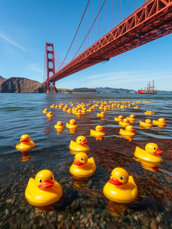 Produktbild: CALVENDO Puzzle Sightseeing in USA - Gummienten an der Golden Gate Bridge | 1000 Teile Lege-Gr&ouml;&szlig;e 64x48cm Foto-Puzzle f&uuml;r gl&uuml;ckliche Stunden