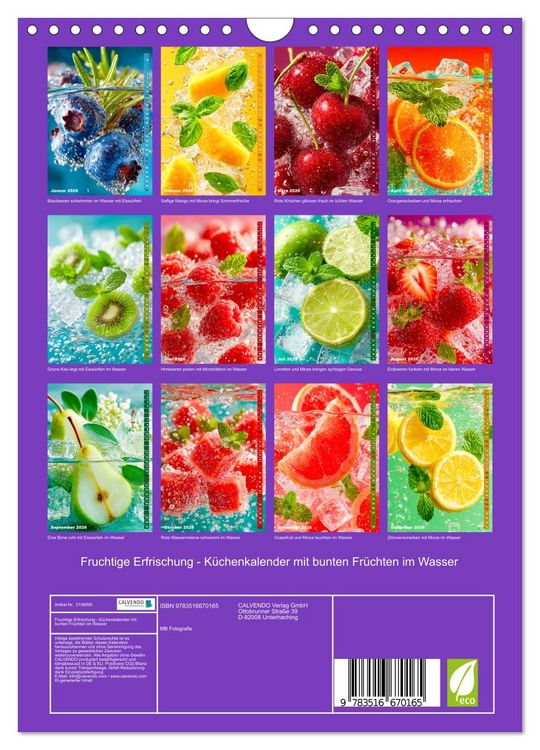 Produktbild: Fruchtige Erfrischung - K&uuml;chenkalender mit bunten Fr&uuml;chten im Wasser (Wandkalender 2026 DIN A4 hoch), CALVENDO Monatskalender