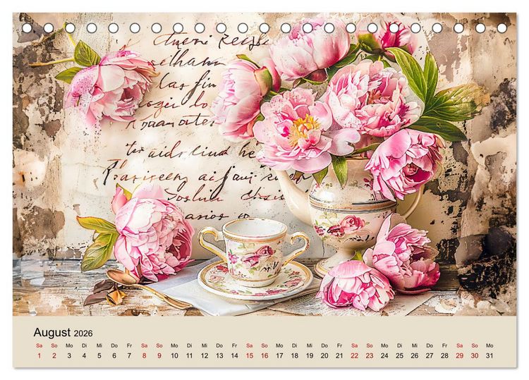 Produktbild: Shabby Chic Romantik - Vintage Tassen, Blumen und nostalgische Briefe (Tischkalender 2026 DIN A5 quer), CALVENDO Monatskalender