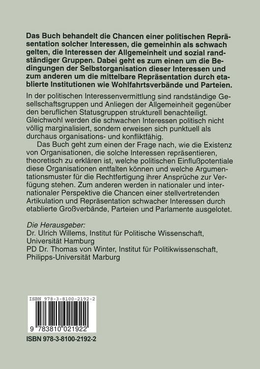 Produktbild: Politische Repr&auml;sentation schwacher Interessen
