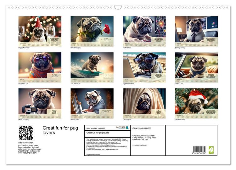 Produktbild: Great fun for pug lovers (Wall Calendar 2026 DIN A2 landscape), CALVENDO 12 Month Wall Calendar