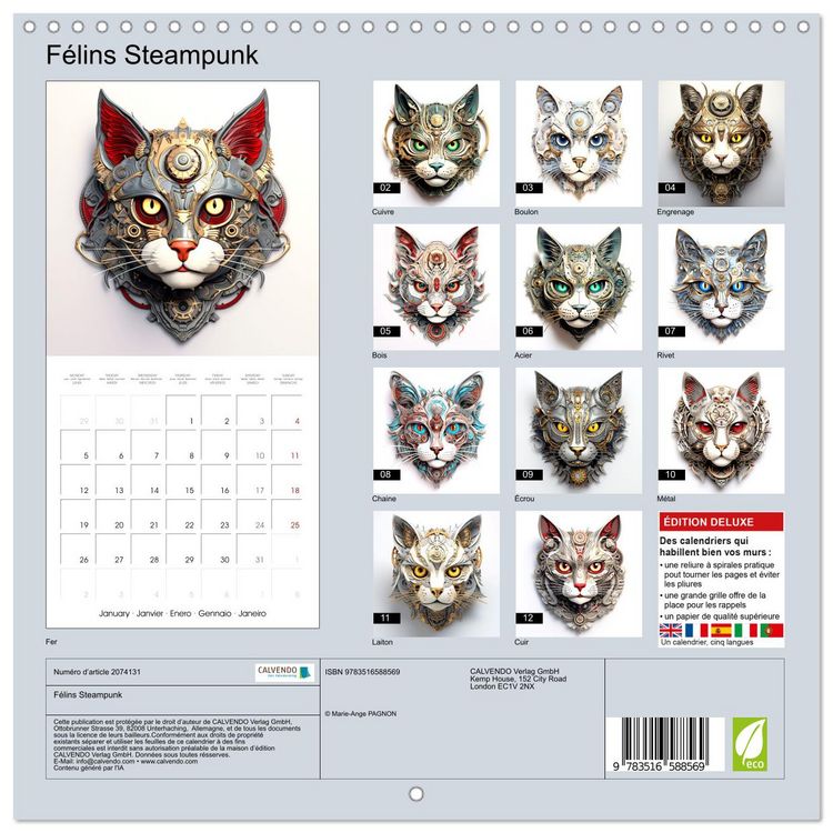 Produktbild: F&eacute;lins Steampunk (Calendrier mural carr&eacute; 2026 30x30 cm) Calendrier double avec une page pour vos prises de notes