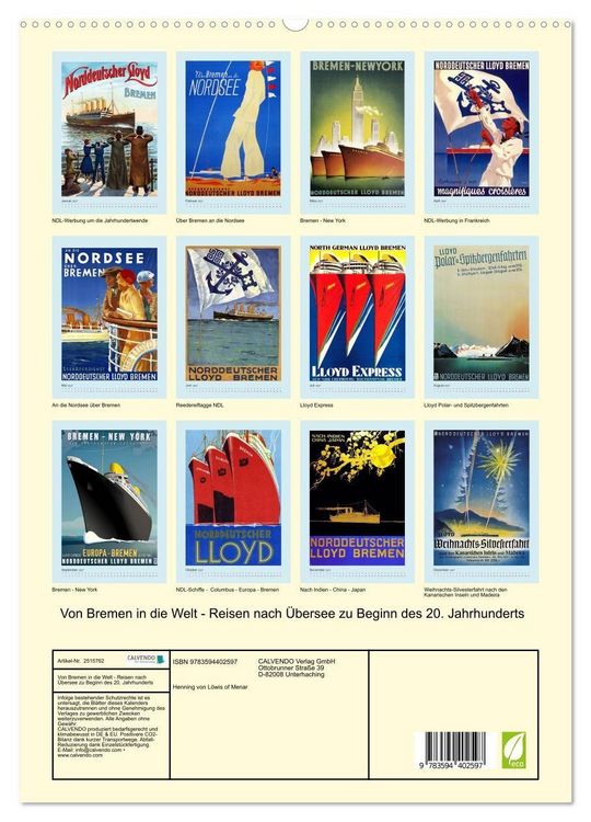 Produktbild: Von Bremen in die Welt - Reisen nach &Uuml;bersee zu Beginn des 20. Jahrhunderts (hochwertiger Premium Wandkalender 2027 DIN A2 hoch), Kunstdruck in Hochglanz