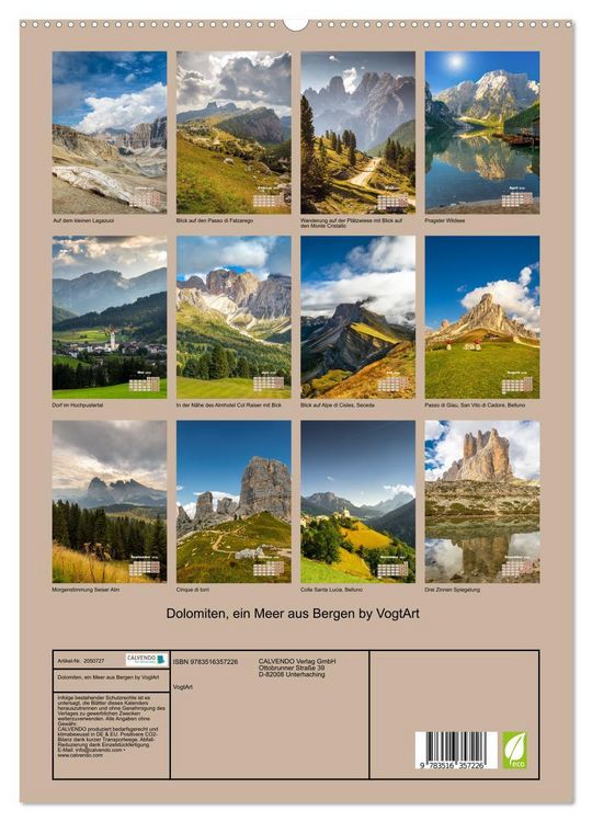 Produktbild: Dolomiten, ein Meer aus Bergen by VogtArt (hochwertiger Premium Wandkalender 2026 DIN A2 hoch), Kunstdruck in Hochglanz