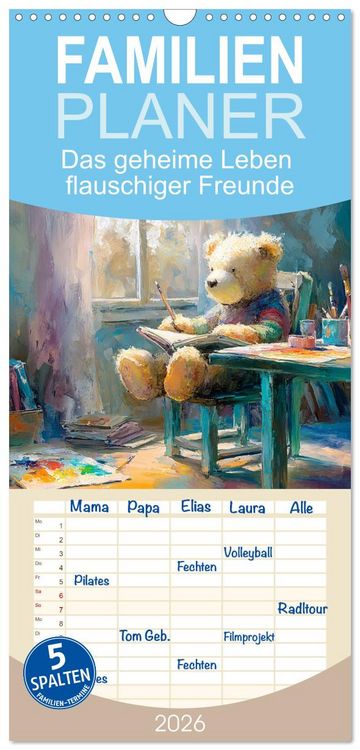Produktbild: Familienplaner 2026 - Das geheime Leben flauschiger Freunde mit 5 Spalten (Wandkalender, 21 x 45 cm) CALVENDO
