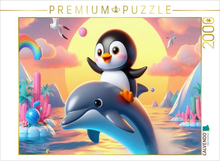 Produktbild: CALVENDO Puzzle Ein Delphin als Fortbewegungsmittel f&uuml;r einen kleinen Pinguin | 2000 Teile Lege-Gr&ouml;&szlig;e 90x67cm Foto-Puzzle f&uuml;r gl&uuml;ckliche Stunden