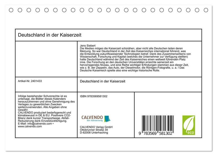 Produktbild: Deutschland in der Kaiserzeit (Tischkalender 2027 DIN A5 quer), CALVENDO Monatskalender