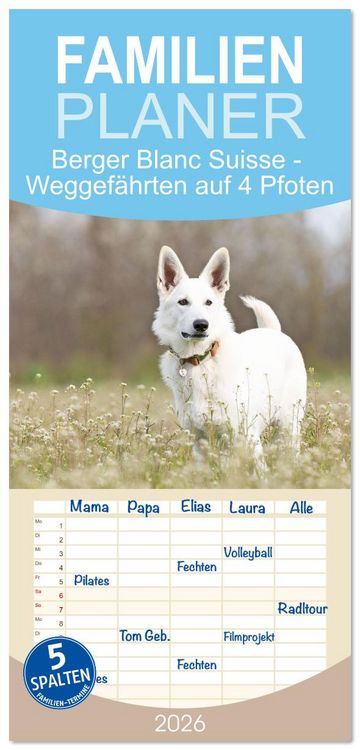 Produktbild: Familienplaner 2026 - Berger Blanc Suisse - Weggef&auml;hrten auf 4 Pfoten mit 5 Spalten (Wandkalender, 21 x 45 cm) CALVENDO