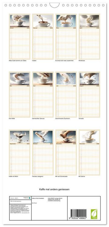 Produktbild: Familienplaner 2026 - Kaffe mal anders geniessen mit 5 Spalten (Wandkalender, 21 x 45 cm) CALVENDO