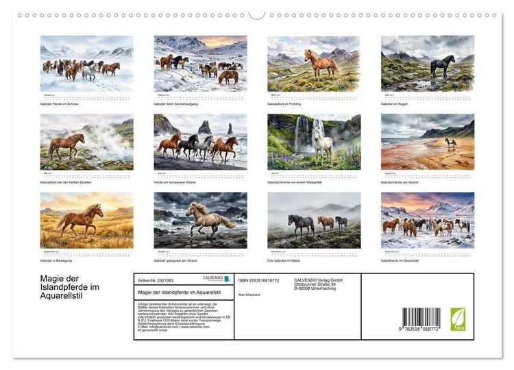 Produktbild: Magie der Islandpferde im Aquarellstil (hochwertiger Premium Wandkalender 2027 DIN A2 quer), Kunstdruck in Hochglanz