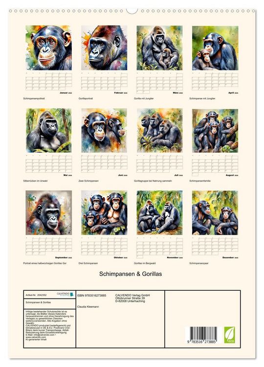Produktbild: Schimpansen & Gorillas (hochwertiger Premium Wandkalender 2026 DIN A2 hoch), Kunstdruck in Hochglanz