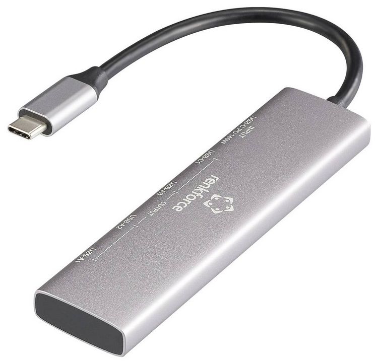 Produktbild: Renkforce RF-6676604 USB-Hub 3+1 Port USB-A, USB-C&reg; USB 3.2 Gen1 5 GBit/s mit Aluminiumgeh&auml;use, USB-C&reg; PD Ladeanschluss Grau RF-USBH-300