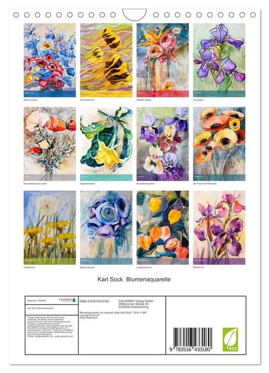 Produktbild: Karl Sock Blumenaquarelle (Wandkalender 2026 DIN A4 hoch), CALVENDO Monatskalender