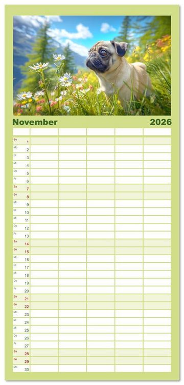 Produktbild: Familienplaner 2026 - Mops trifft Berglust. Fidele Gipfelst&uuml;rmer im H&ouml;henrausch mit 5 Spalten (Wandkalender, 21 x 45 cm) CALVENDO