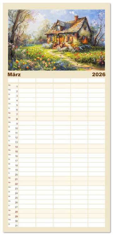 Produktbild: Familienplaner 2026 - Kleine Cottages - Romantische Fantasieh&auml;uschen mit 5 Spalten (Wandkalender, 21 x 45 cm) CALVENDO