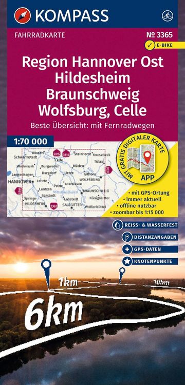 Produktbild: KOMPASS Fahrradkarte 3365 Region Hannover Ost, Hildesheim, Braunschweig, Wolfsburg, Celle, mit Knotenpunkten 1:70.000