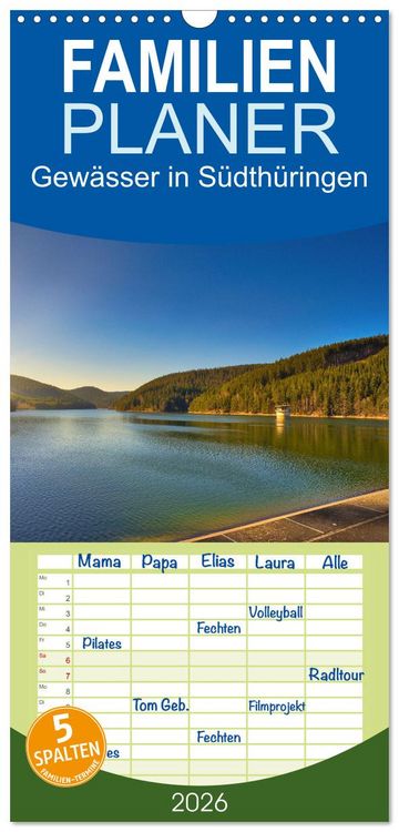 Produktbild: Familienplaner 2026 - Gew&auml;sser in S&uuml;dth&uuml;ringen mit 5 Spalten (Wandkalender, 21 x 45 cm) CALVENDO