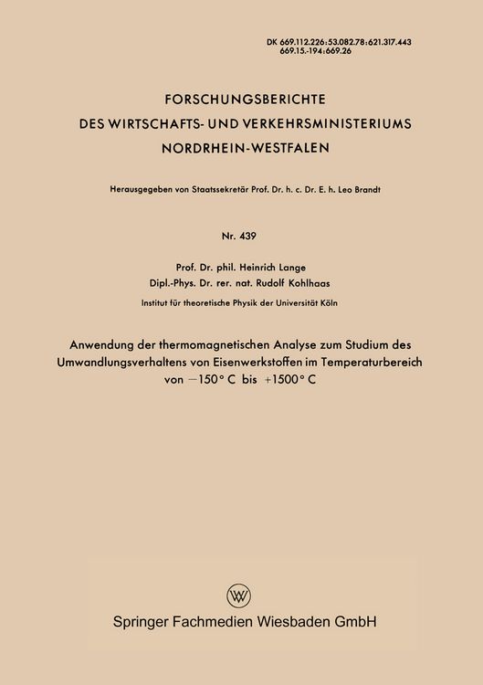 Produktbild: Anwendung der thermomagnetischen Analyse zum Studium des Umwandlungsverhaltens von Eisenwerkstoffen im Temperaturbereich von &minus;150&deg;C bis +1500&deg;C