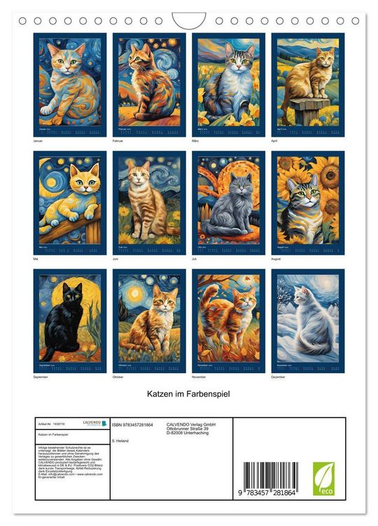 Produktbild: Katzen im Farbenspiel (Wandkalender 2026 DIN A4 hoch), CALVENDO Monatskalender