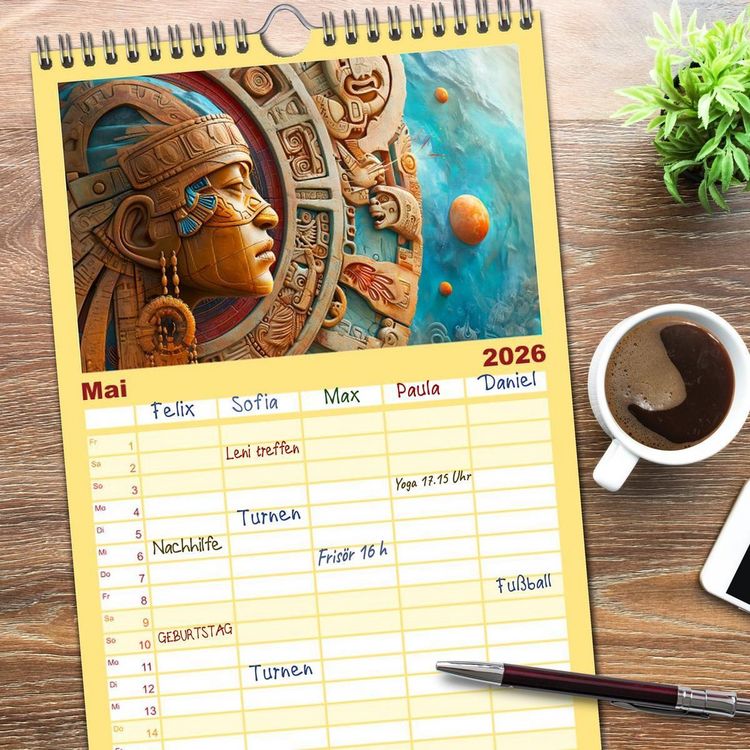 Produktbild: Familienplaner 2026 - Sternenkrieger - Science Fiction Visionen der Maya und Azteken mit 5 Spalten (Wandkalender, 21 x 45 cm) CALVENDO
