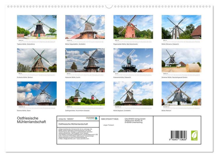 Produktbild: Ostfriesische M&uuml;hlenlandschaft (Wandkalender 2026 DIN A2 quer), CALVENDO Monatskalender
