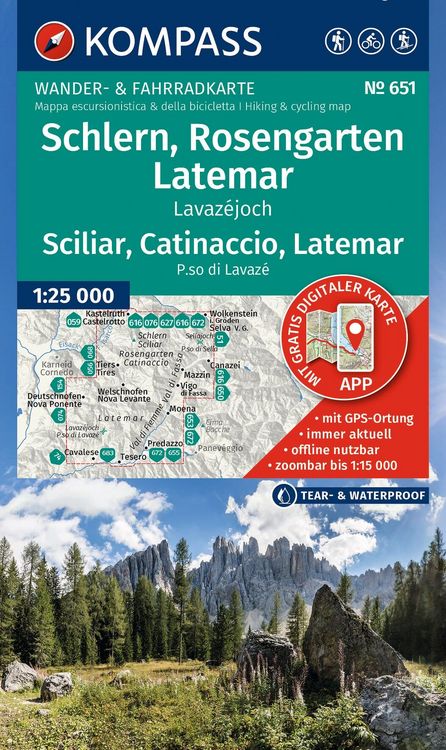 Produktbild: KOMPASS Wanderkarte 651 Schlern, Rosengarten, Latemar, Lavaz&eacute;joch / Sciliar, Catinaccio, Latemar, P.so di Lavaz&eacute; 1:25.000