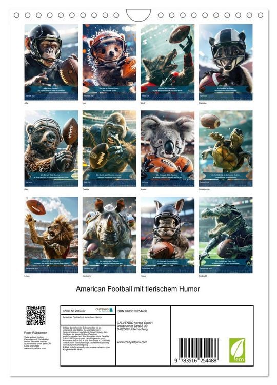 Produktbild: American Football mit tierischem Humor (Wandkalender 2026 DIN A4 hoch), CALVENDO Monatskalender
