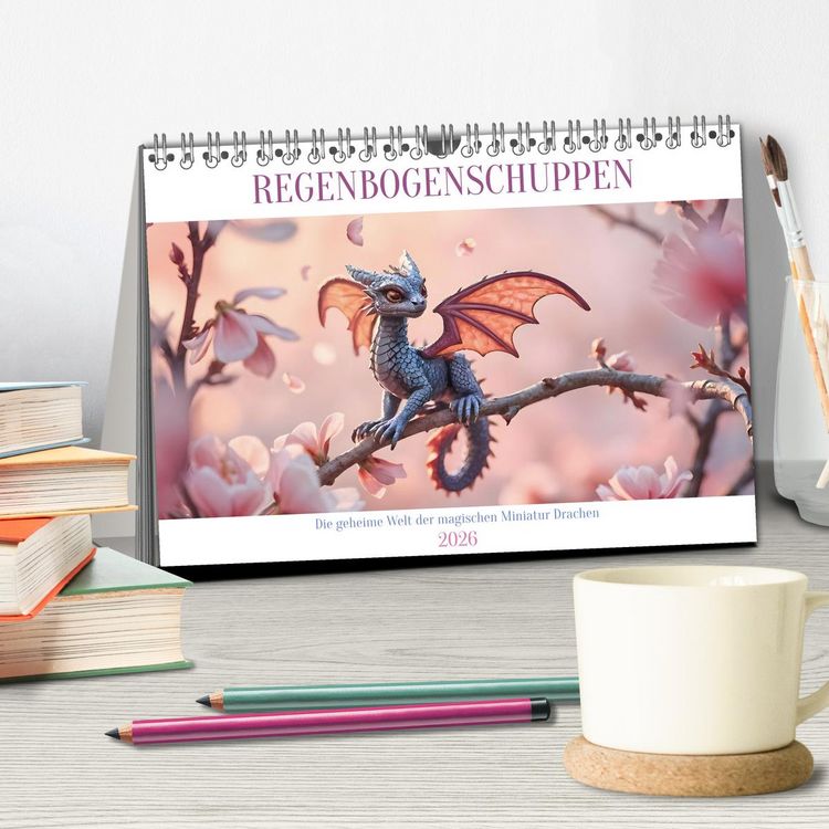 Produktbild: Regenbogenschuppen - Die geheime Welt der magischen Miniatur Drachen (Tischkalender 2026 DIN A5 quer), CALVENDO Monatskalender