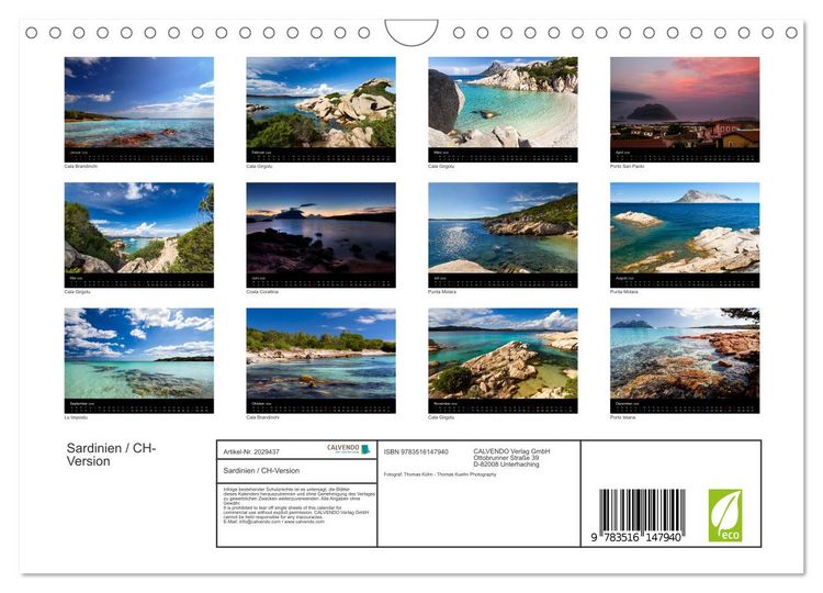 Produktbild: Sardinien / CH-Version (Wandkalender 2026 DIN A4 quer), CALVENDO Monatskalender