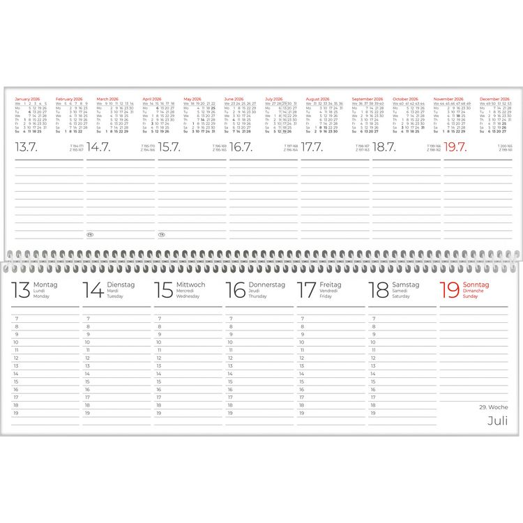 Produktbild: Tischquerkalender schwarz 2026 - 29,6x9,9 cm - 1 Woche auf 2 Seiten - Stundeneinteilung 7 - 19 Uhr - inkl. Jahresübersicht - Bürokalender - 116-0020
