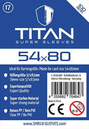 Produktbild: Shield Titan 17 - 100 Super Sleeves f&uuml;r Kartengr&ouml;&szlig;e 54 x 80 mm