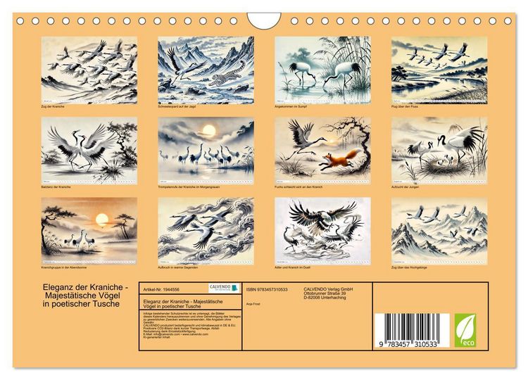 Produktbild: Eleganz der Kraniche - Majest&auml;tische V&ouml;gel in poetischer Tusche (Wandkalender 2026 DIN A4 quer), CALVENDO Monatskalender