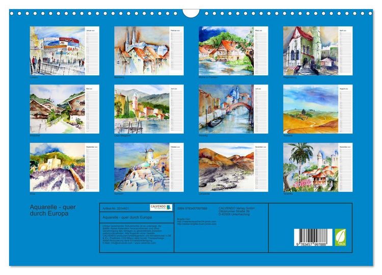 Produktbild: Aquarelle - quer durch Europa (Wandkalender 2026 DIN A3 quer), CALVENDO Monatskalender
