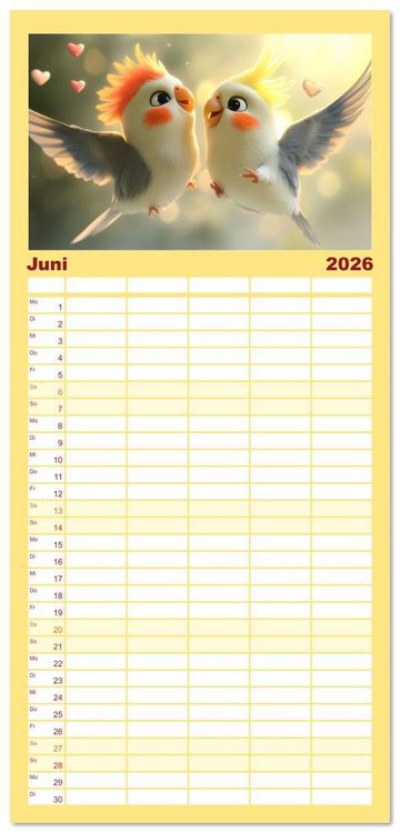 Produktbild: Familienplaner 2026 - Klein, laut, lustig - Nymphensittiche mit 5 Spalten (Wandkalender, 21 x 45 cm) CALVENDO