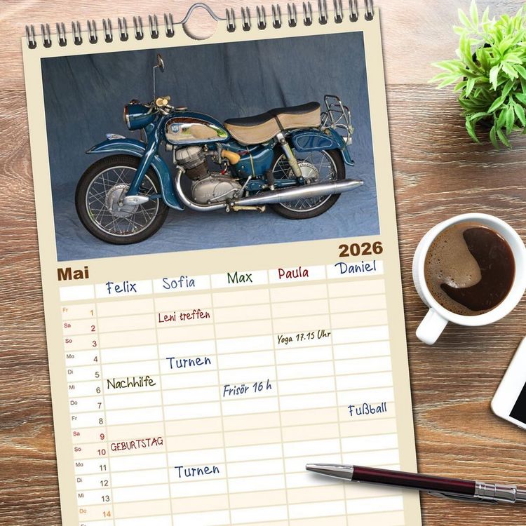 Produktbild: Familienplaner 2026 - Deutsche Motorrad - Legenden - Rollende Kunstwerke aus alten Zeiten mit 5 Spalten (Wandkalender, 21 x 45 cm) CALVENDO