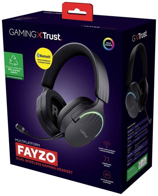 Produktbild: Trust GXT491 FAYZO Over Ear Headset Bluetooth&reg; Virtual Surround Schwarz Surround-Sound, Mikrofon-Stummschaltung, Lautst&auml;rkeregelung Gaming