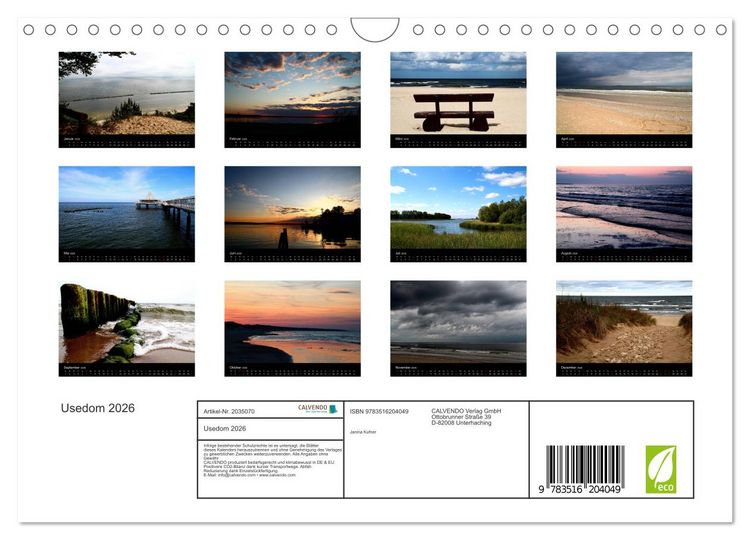 Produktbild: Usedom 2026 (Wandkalender 2026 DIN A4 quer), CALVENDO Monatskalender