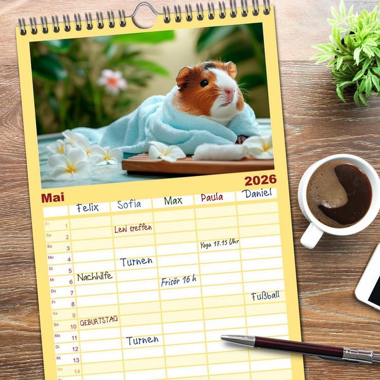 Produktbild: Familienplaner 2026 - Meerschweinchen - Hauptsache Urlaub mit 5 Spalten (Wandkalender, 21 x 45 cm) CALVENDO