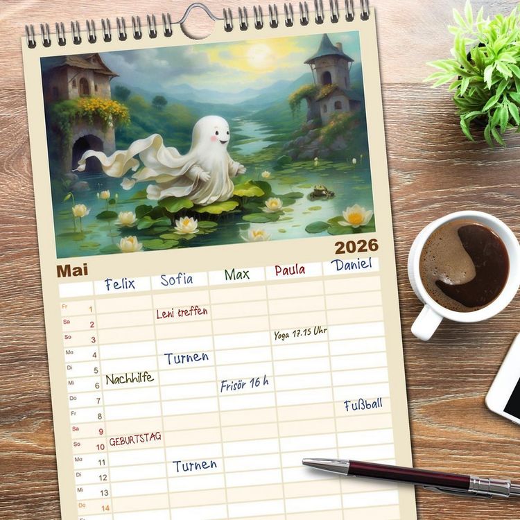 Produktbild: Familienplaner 2026 - Korbinian, der kleine Geist mit 5 Spalten (Wandkalender, 21 x 45 cm) CALVENDO