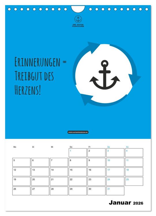 Produktbild: hafenprinzessin: Ankertr&auml;ume & Meer - Der moderne Zitate-Wandkalender f&uuml;r maritime Lebensmomente! (Wandkalender 2026 DIN A4 hoch), CALVENDO Monatskalender