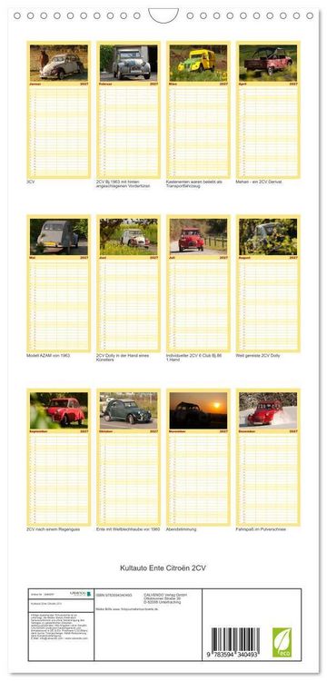 Produktbild: Familienplaner 2027 - Kultauto Ente Citro&euml;n 2CV mit 5 Spalten (Wandkalender, 21 x 45 cm) CALVENDO