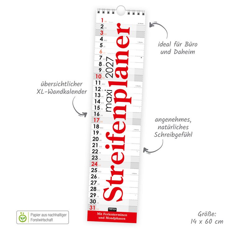 Produktbild: TR&Ouml;TSCH - Streifenkalender Maxi Rot 2027