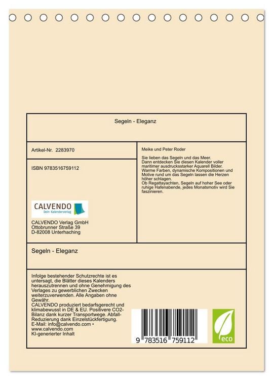 Produktbild: Segeln - Eleganz (Tischkalender 2027 DIN A5 hoch), CALVENDO Monatskalender